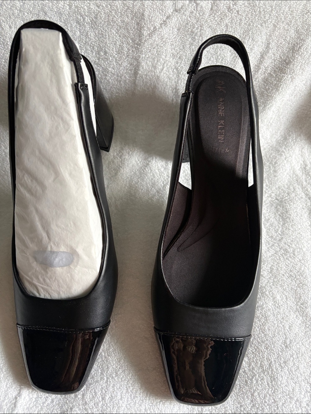 Anne Klein Black Leather Slingback Block Heel Pumps with Patent Toe